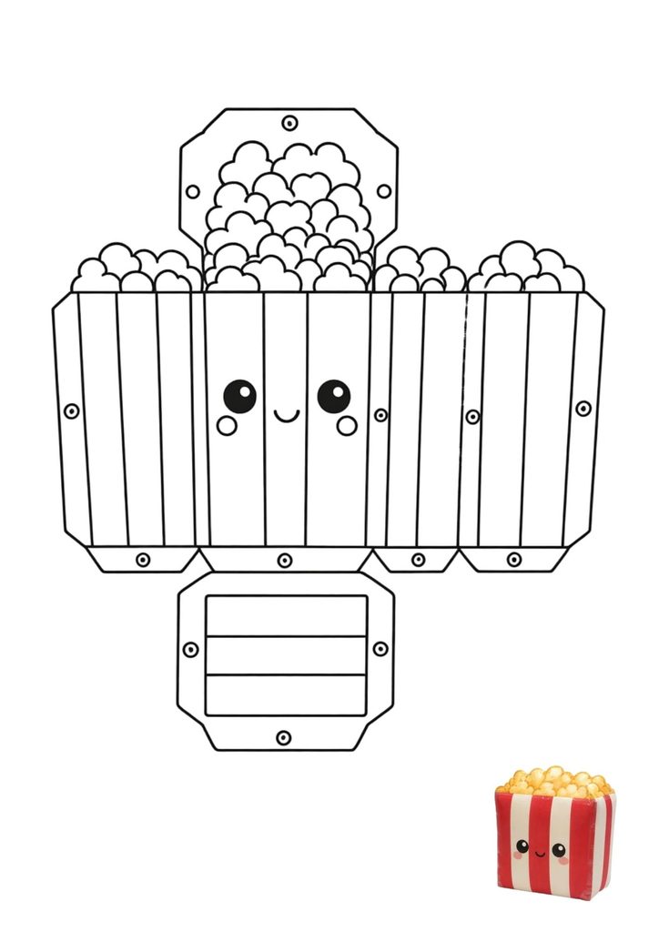 3D movie popcorn box paper squishy template to color