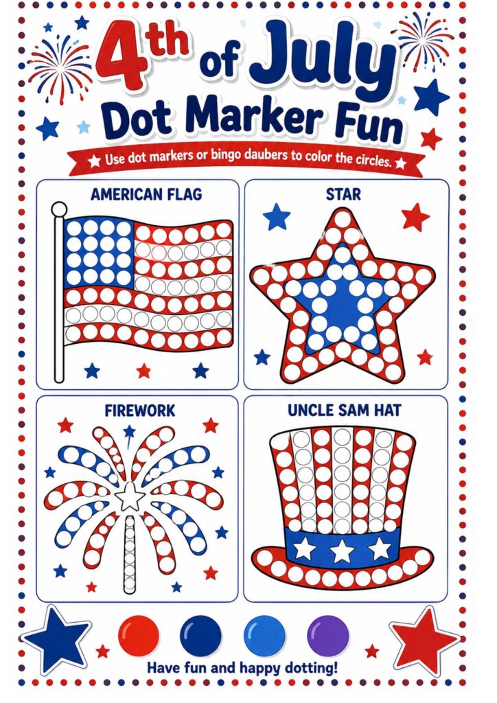 Patriotic dot marker worksheet featuring fireworks, stars, Uncle Sam hat, and American flag.