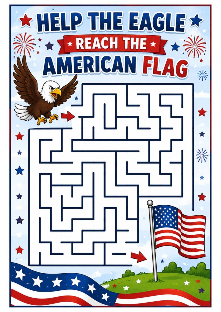 Patriotic maze activity helping an eagle reach the American flag.