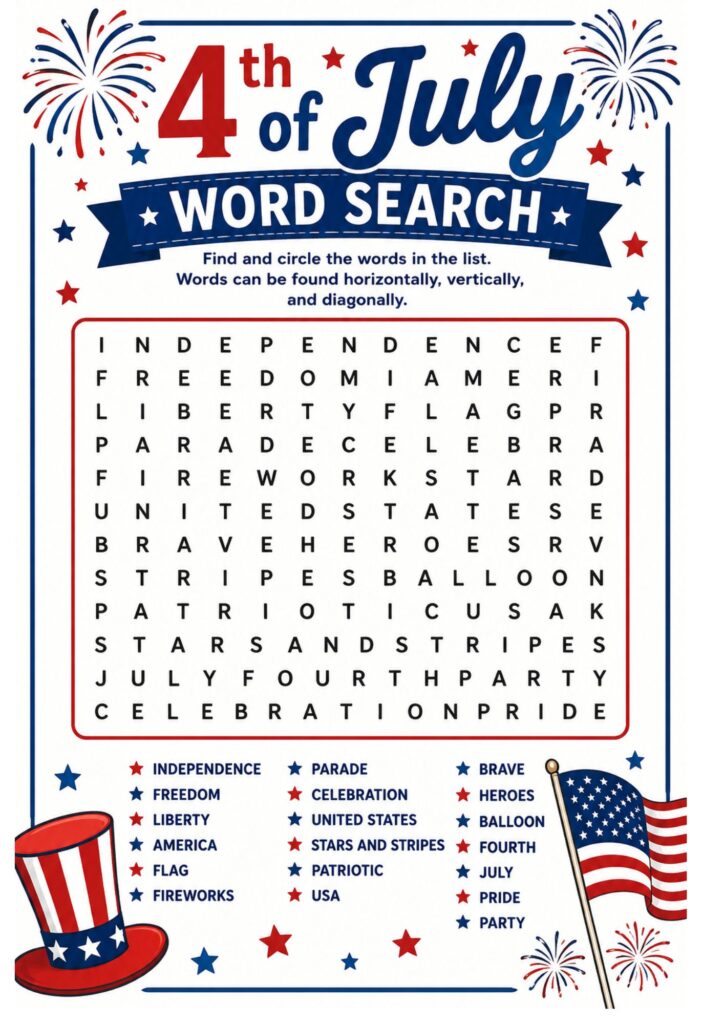 Patriotic 4th of July word search puzzle with Independence Day vocabulary words.