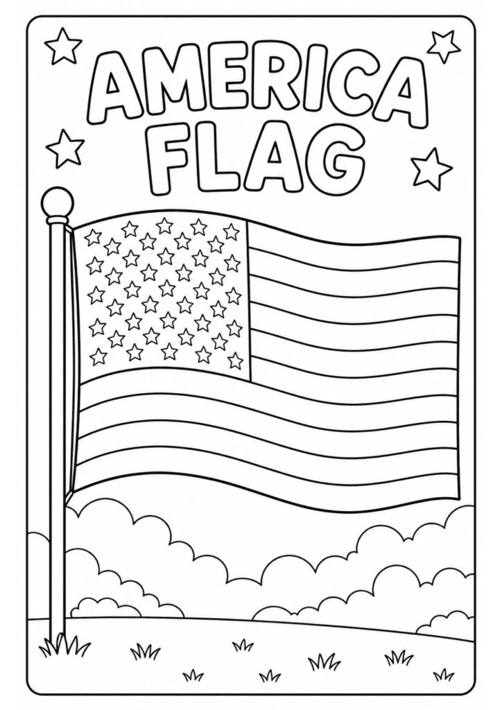 Free printable America flag coloring page featuring the United States flag and stars for kids.