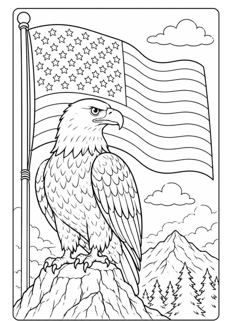 Printable American flag and bald eagle coloring page featuring a patriotic eagle standing in front of the United States flag.
