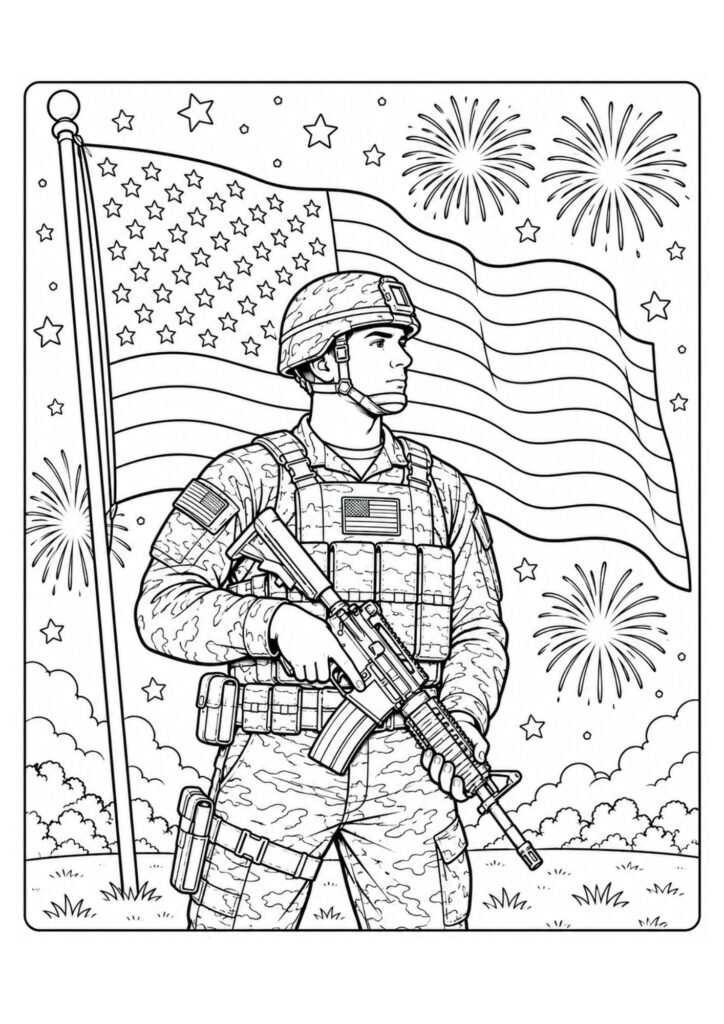 Printable American flag with soldier coloring page featuring a patriotic military hero saluting in front of a waving USA flag.