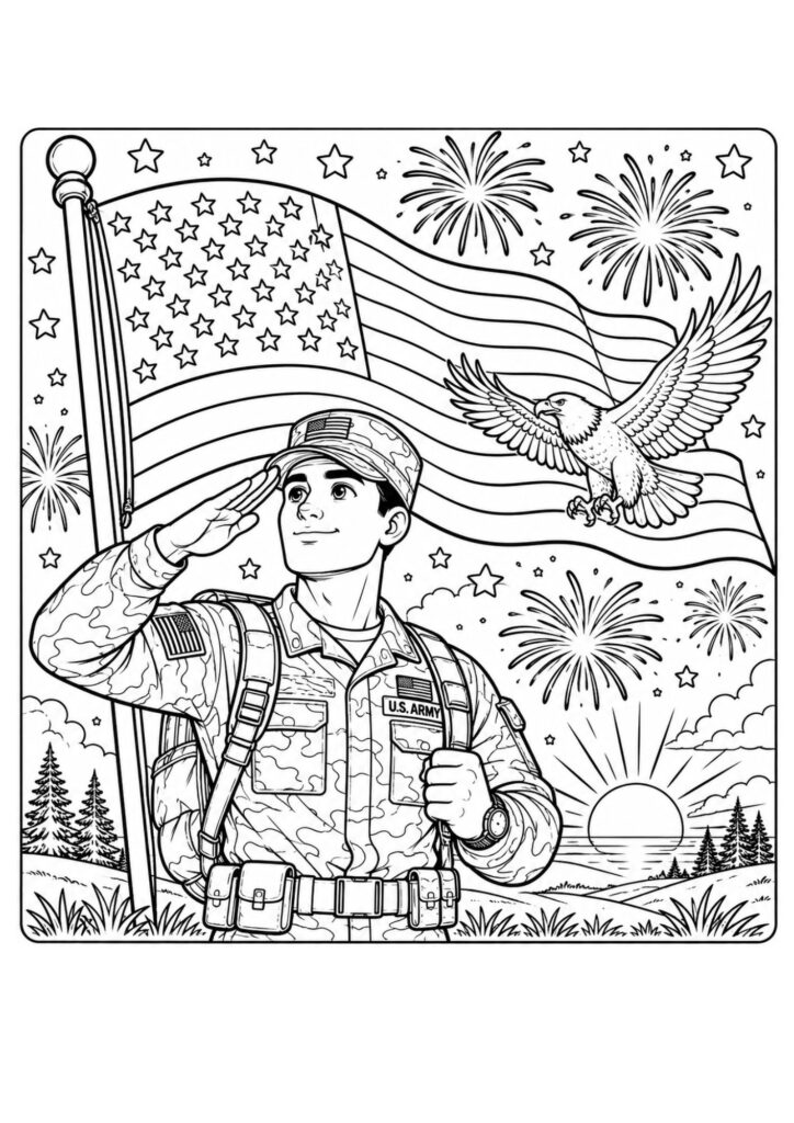 Printable American flag with soldier coloring page featuring a patriotic military hero saluting in front of a waving USA flag.