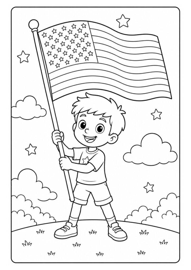 Boy holding an American flag coloring page printable for kids featuring a patriotic United States flag design.