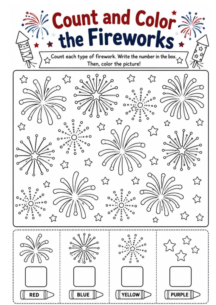 Count and color fireworks activity worksheet for Independence Day.