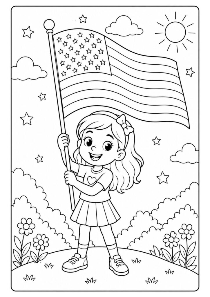 Girl holding an American flag coloring page printable featuring a patriotic USA flag and outdoor scene.