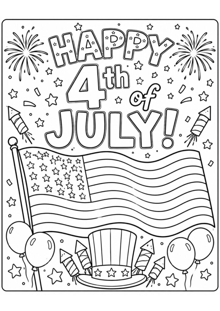 Happy 4th of July coloring page featuring an American flag, fireworks, balloons, stars, and patriotic decorations.