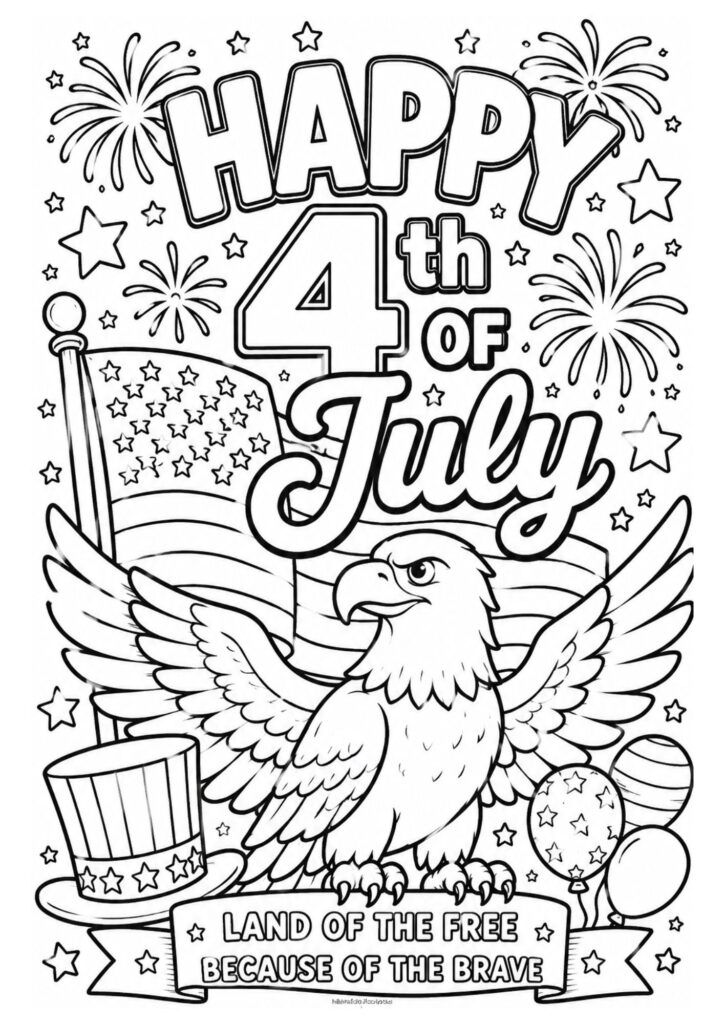 Printable Happy 4th of July coloring page featuring an American flag, bald eagle, fireworks, and patriotic symbols.
