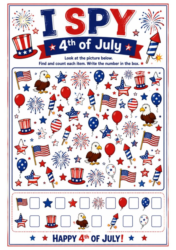 Colorful I Spy 4th of July worksheet featuring fireworks, flags, eagles, balloons, and patriotic objects.