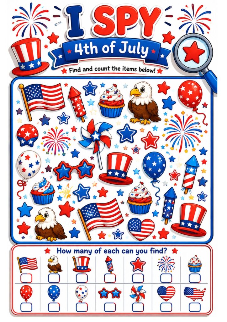 Colorful I Spy 4th of July worksheet featuring fireworks, flags, eagles, balloons, and patriotic objects.