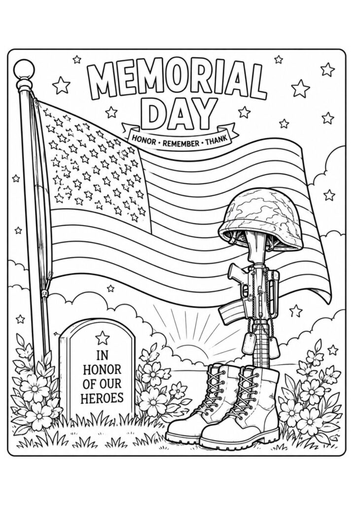 Memorial Day American flag coloring page featuring a patriotic flag, military memorial, boots, helmet, flowers, and tribute elements.