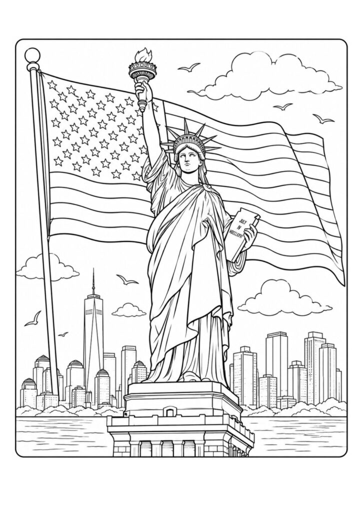 Printable Statue of Liberty and American flag coloring page featuring Lady Liberty standing in front of a waving USA flag.