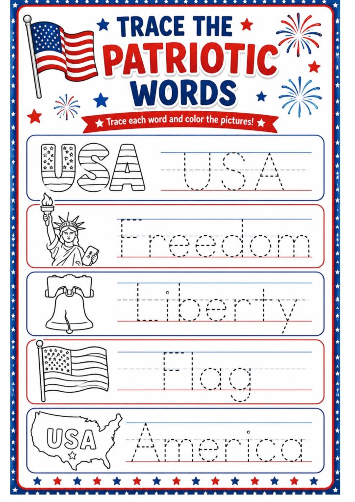 Handwriting practice worksheet with patriotic words including USA, Freedom, Liberty, and Flag.