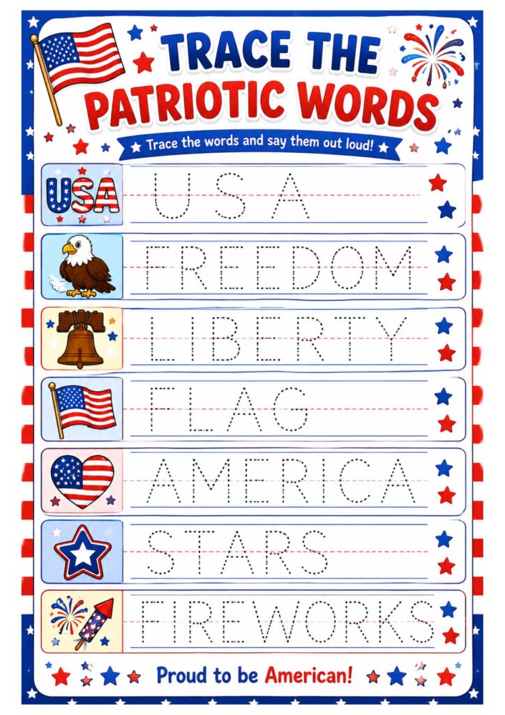 Handwriting practice worksheet with patriotic words including USA, Freedom, Liberty, and Flag.
