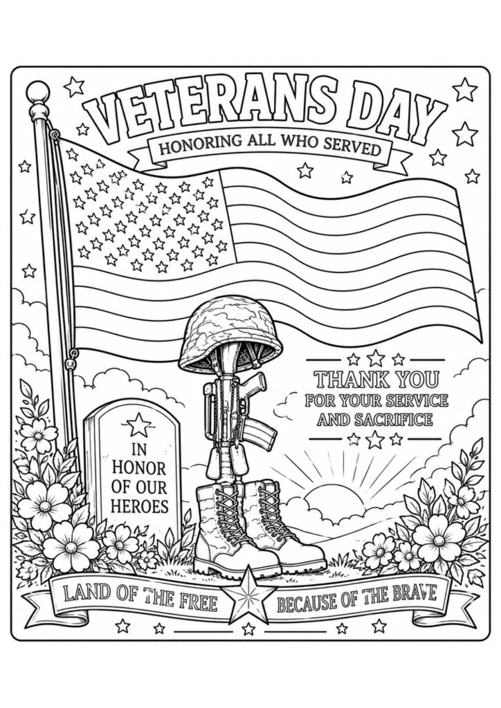 Veterans Day American flag coloring page featuring a patriotic tribute, military memorial, American flag, and symbols honoring veterans.