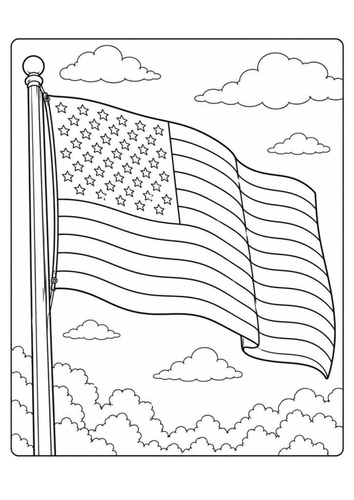 Printable waving American flag coloring page featuring a large United States flag flying on a flagpole.