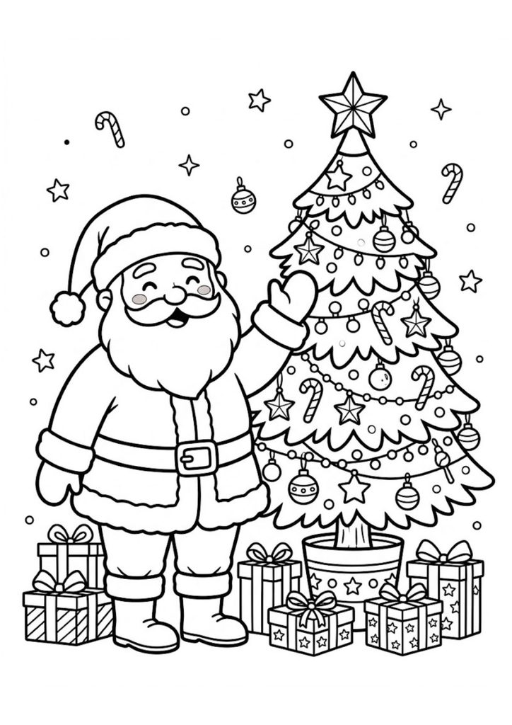 Santa Claus standing beside a decorated Christmas tree with presents, Christmas coloring page for kids.