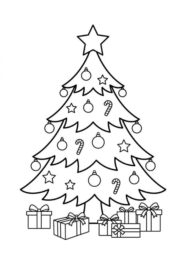 Large decorated Christmas tree surrounded by presents, designed as a printable coloring page