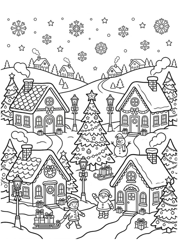 Snowy Christmas village with decorated cottages, Christmas trees, snowman and falling snowflakes.