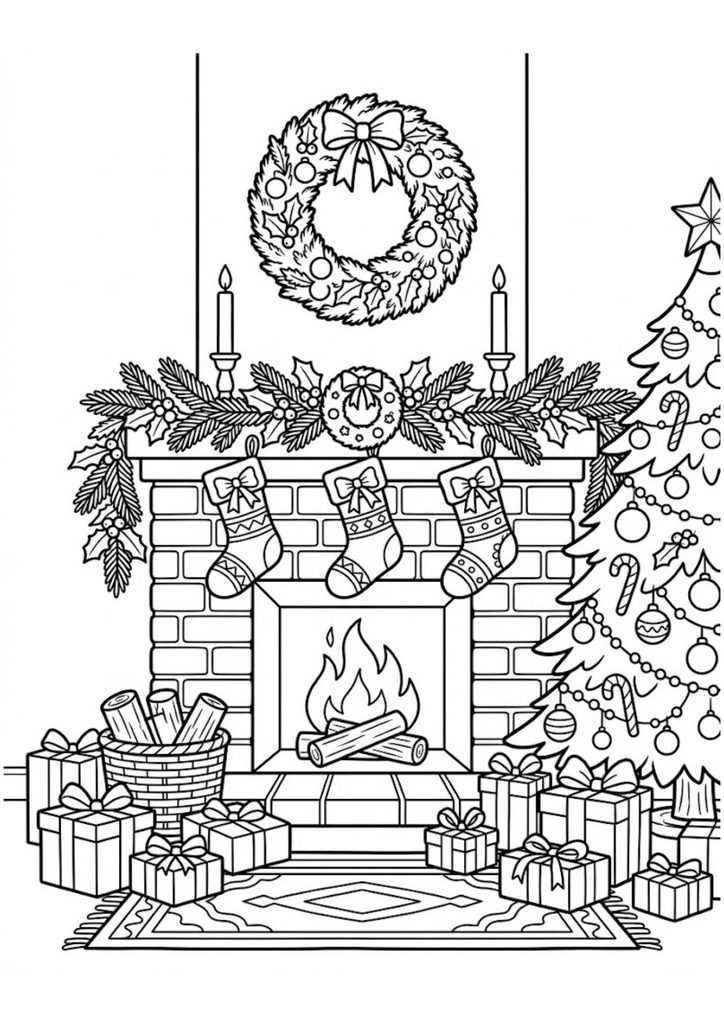 Cozy Christmas fireplace decorated with stockings, garland, wreath and presents.