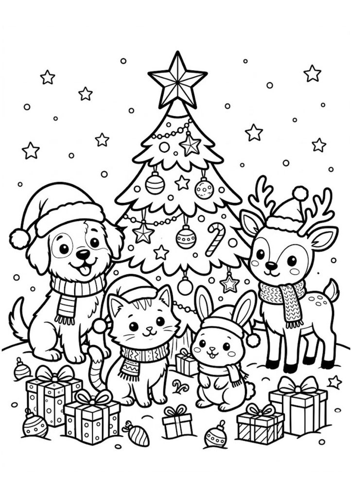 Cute puppy, kitten, bunny and baby reindeer celebrating Christmas around a decorated tree.
