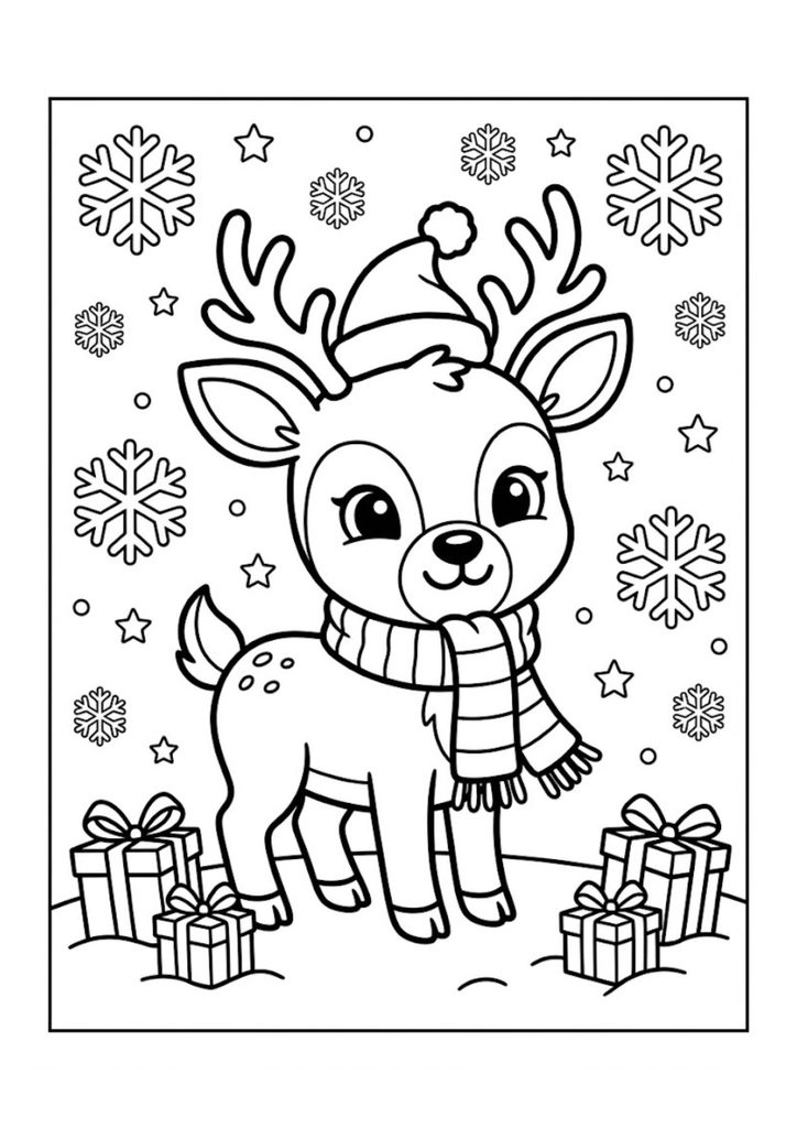 Cute baby reindeer wearing a Santa hat and scarf surrounded by Christmas presents and snowflakes.