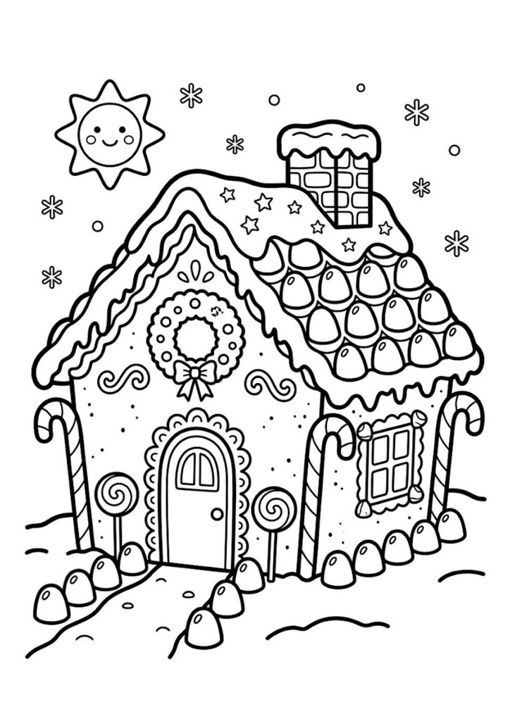 Cute gingerbread house decorated with candy canes, frosting and Christmas decorations.