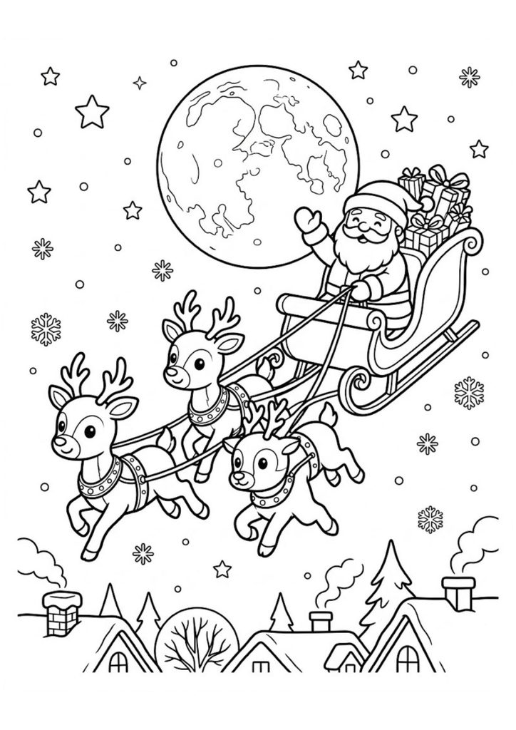Santa Claus flying through the sky in a sleigh pulled by reindeer over snowy houses.
