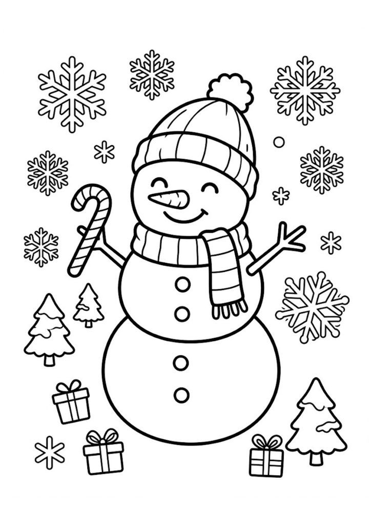 Smiling snowman wearing a winter hat and scarf with a candy cane in a snowy Christmas scene.